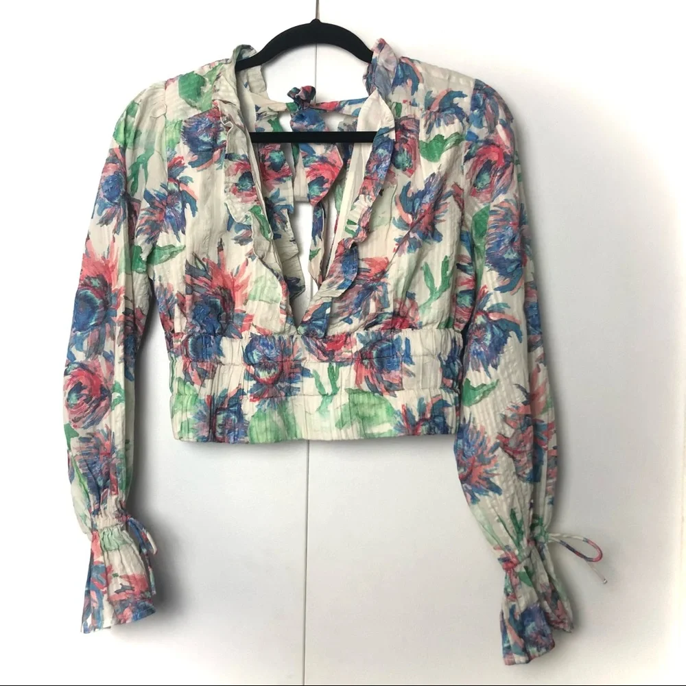 Anthropologie Long Sleeve Crop Top Deep V Neck NWT - Picture 2 of 6